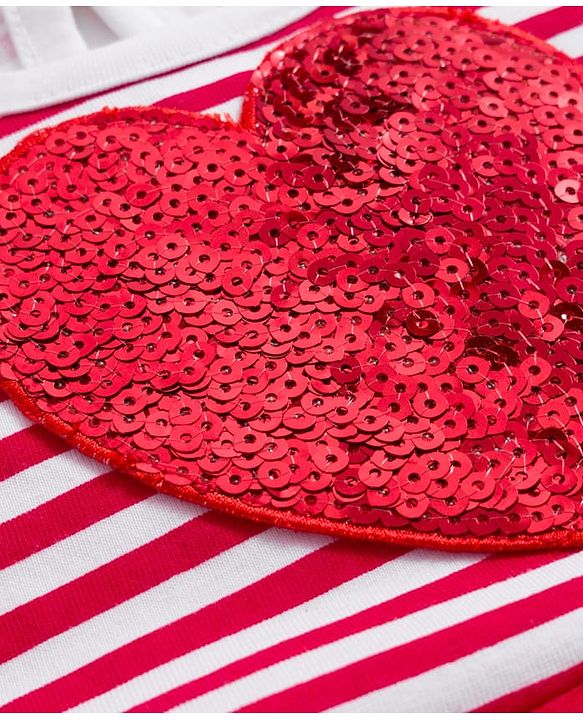 Babyhug Single Jersey Knit Cap Sleeves Frock with Stripes Sequined Heart & Sling Bag - Red