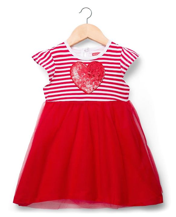Babyhug Single Jersey Knit Cap Sleeves Frock with Stripes Sequined Heart & Sling Bag - Red