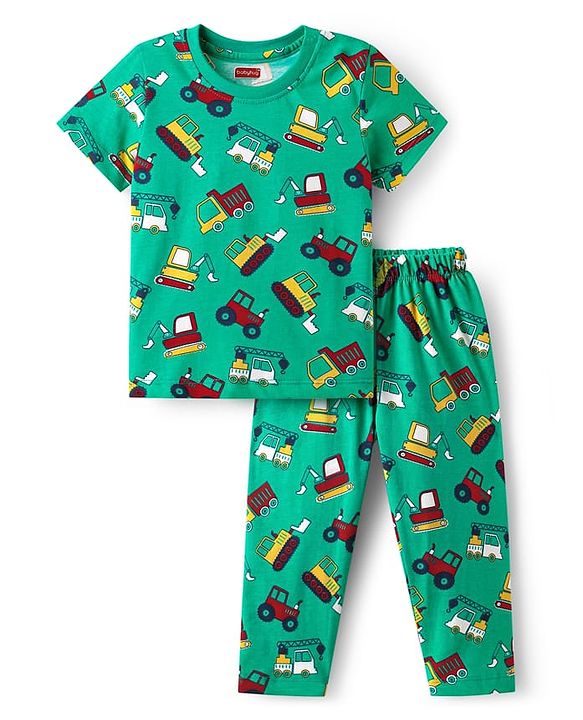 Babyhug Cotton Knit Half Sleeves Night Suit With Vehicle Print - Green