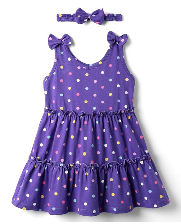 Babyhug Single Jersey Knit Sleeveless Polka Dots Printed Frock with Headband & Bow Applique - Purple