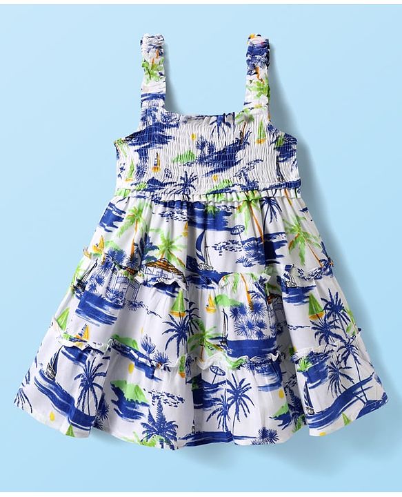 Babyhug Rayon Woven Sleeveless Beach Theme Printed Frock with Smocking - White