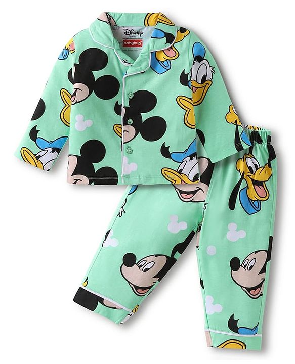 Babyhug Disney Single Jersey Knit Full Sleeves Night Suit With Mickey Mouse Family Print - Sea Green
