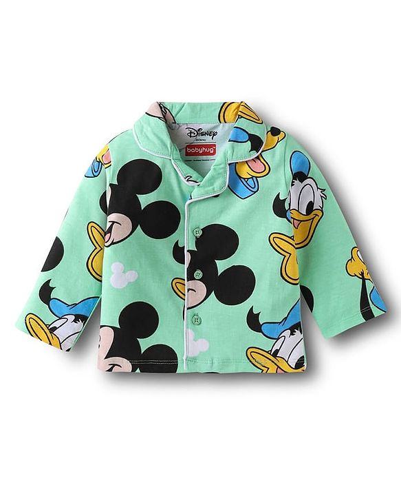 Babyhug Disney Single Jersey Knit Full Sleeves Night Suit With Mickey Mouse Family Print - Sea Green