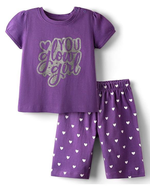 Babyhug Cotton Knit Half Sleeves Capri Night Suit With Text & Heart Print - Violet