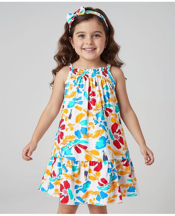 Babyhug Rayon Woven Sleeveless Tiered Frock with Headband & Floral Print - White