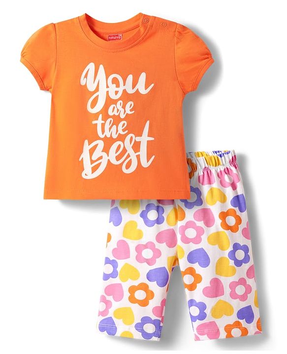 Babyhug Cotton Knit Half Puffed Sleeves Capri Night Suit with Text & Floral Print - Orange