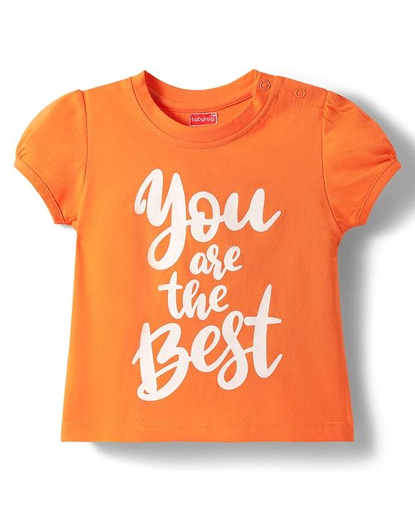 Babyhug Cotton Knit Half Puffed Sleeves Capri Night Suit with Text & Floral Print - Orange