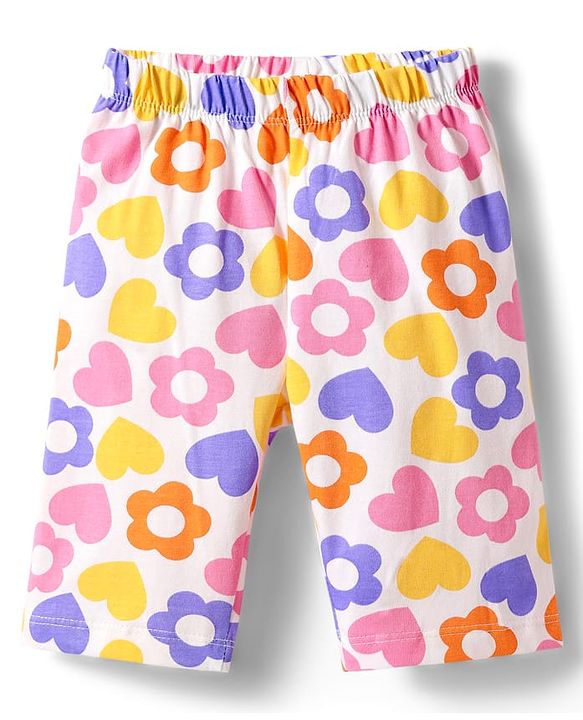 Babyhug Cotton Knit Half Puffed Sleeves Capri Night Suit with Text & Floral Print - Orange