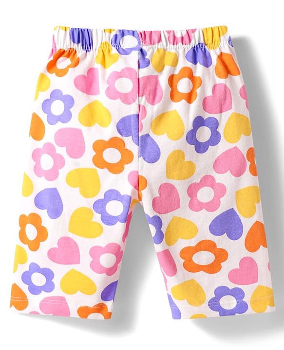 Babyhug Cotton Knit Half Puffed Sleeves Capri Night Suit with Text & Floral Print - Orange