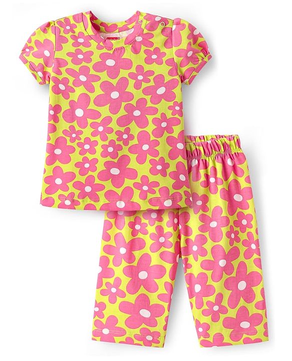 Babyhug Cotton Knit Half Sleeves Capri Nightsuit with Floral  Print - Green & Pink