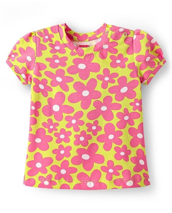 Babyhug Cotton Knit Half Sleeves Capri Nightsuit with Floral  Print - Green & Pink
