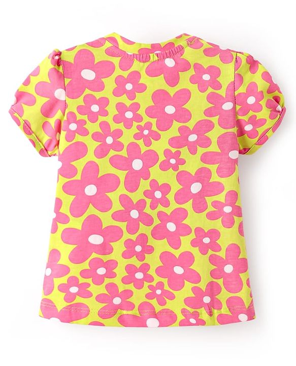 Babyhug Cotton Knit Half Sleeves Capri Nightsuit with Floral  Print - Green & Pink