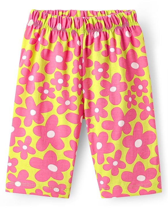 Babyhug Cotton Knit Half Sleeves Capri Nightsuit with Floral  Print - Green & Pink