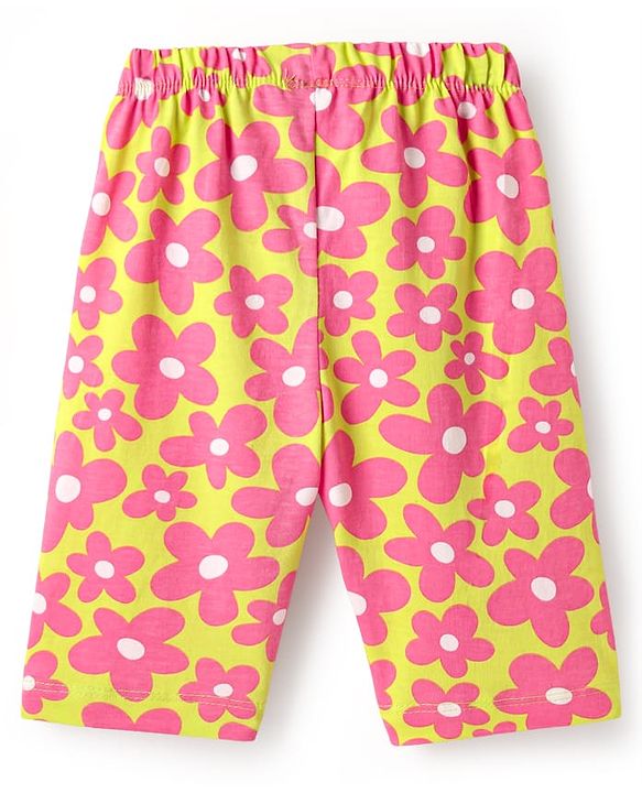 Babyhug Cotton Knit Half Sleeves Capri Nightsuit with Floral  Print - Green & Pink