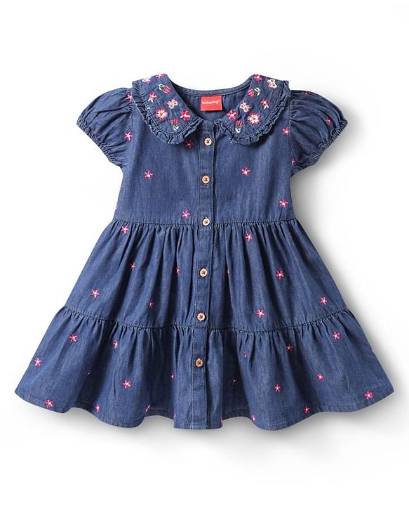 Babyhug Half Puffed Sleeves Peter Pan Collared Front Open Denim Frock ...