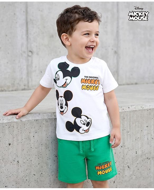 Babyhug Disney Single Jersey Knit Half Sleeves T-Shirt & Shorts Set With Mickey Mouse Family Graphics - White & Green