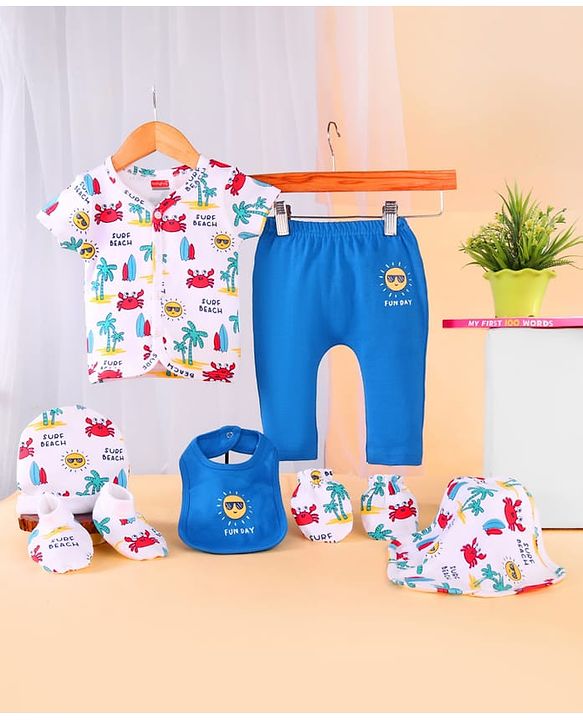 Babyhug 100% Cotton Baby Gift Sets with Beach Theme Print Pack of 7 - White & Blue