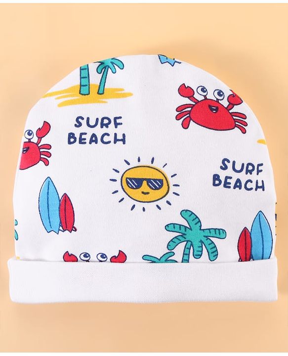 Babyhug 100% Cotton Baby Gift Sets with Beach Theme Print Pack of 7 - White & Blue