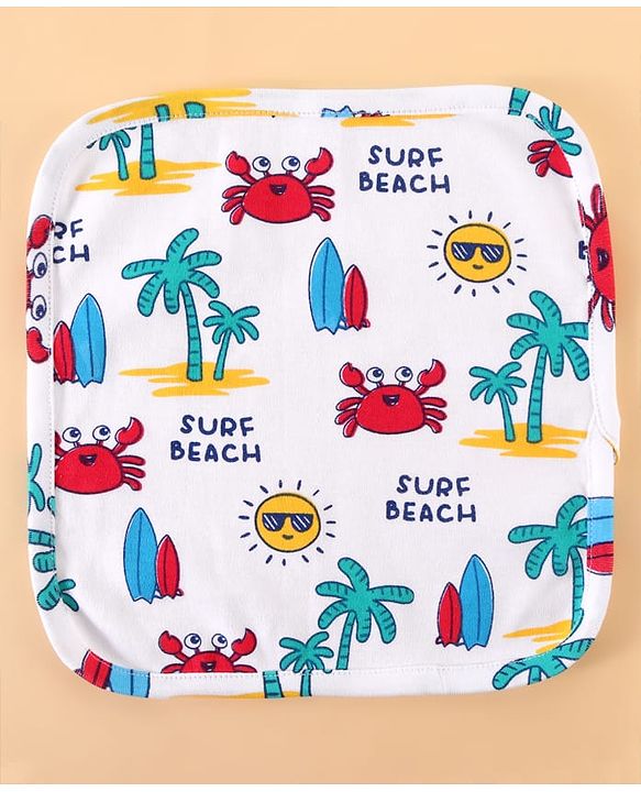 Babyhug 100% Cotton Baby Gift Sets with Beach Theme Print Pack of 7 - White & Blue