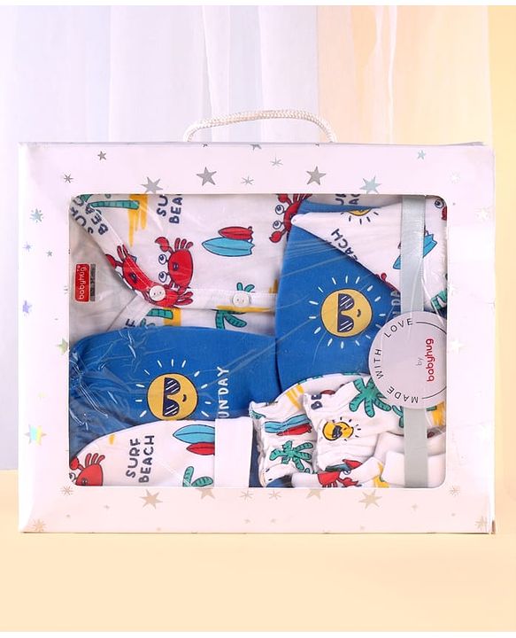 Babyhug 100% Cotton Baby Gift Sets with Beach Theme Print Pack of 7 - White & Blue