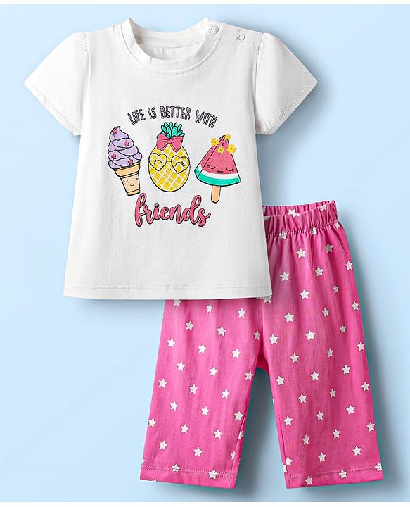 Babyhug Cotton Knit Half Sleeves Capri Night Suit With Fruit & Star Print - White & Pink