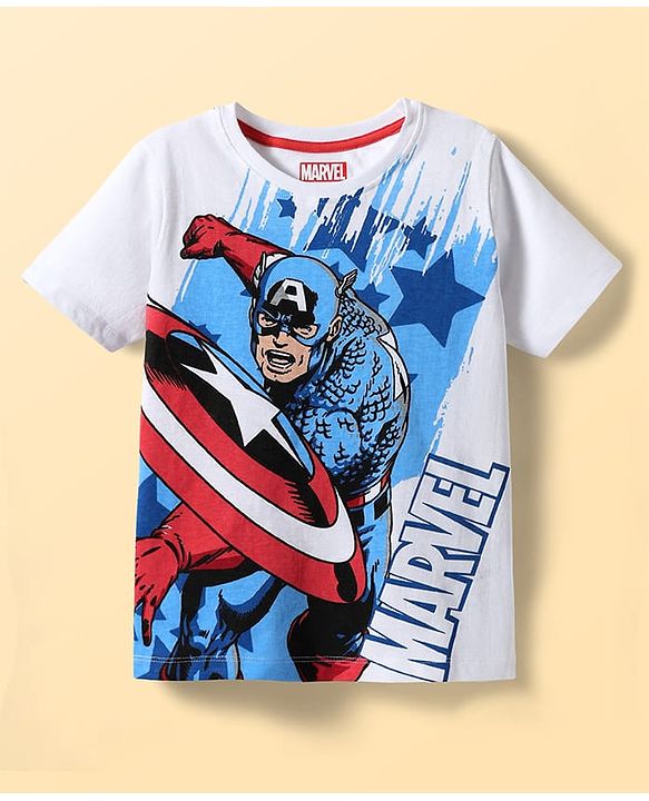 Pine Kids Marvel Single Jersey Knit Half Sleeves T-Shirt & Shorts Set With Avengers Graphics & Badge Detailing - White