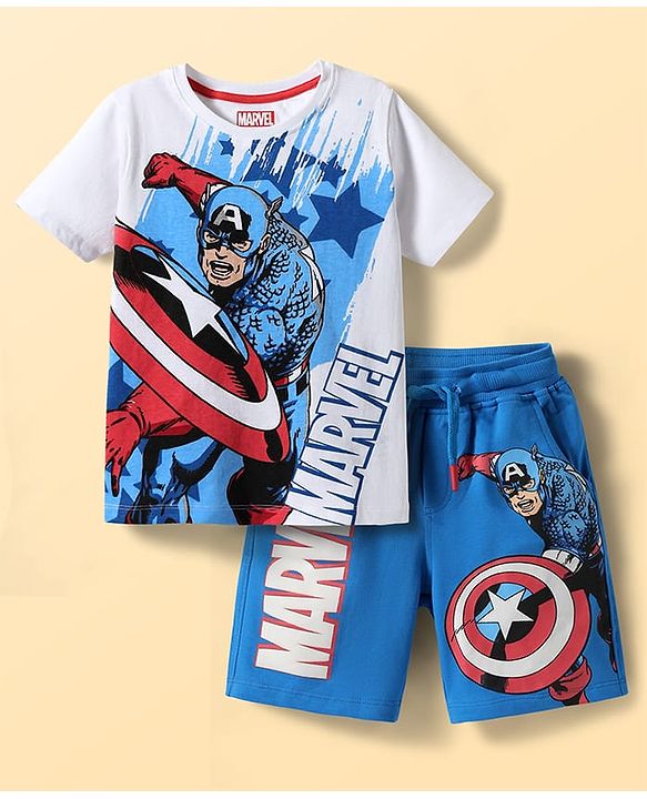 Pine Kids Marvel Single Jersey Knit Half Sleeves T-Shirt & Shorts Set With Avengers Graphics & Badge Detailing - White