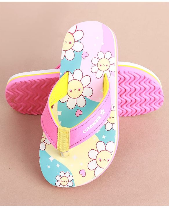 Cute Walk by Babyhug Slip on Flip Flops with Floral Print - Pink