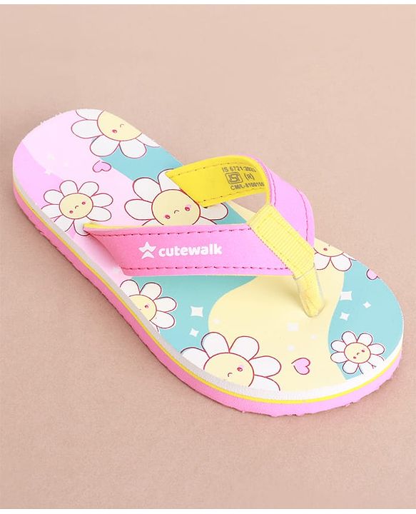 Cute Walk by Babyhug Slip on Flip Flops with Floral Print - Pink