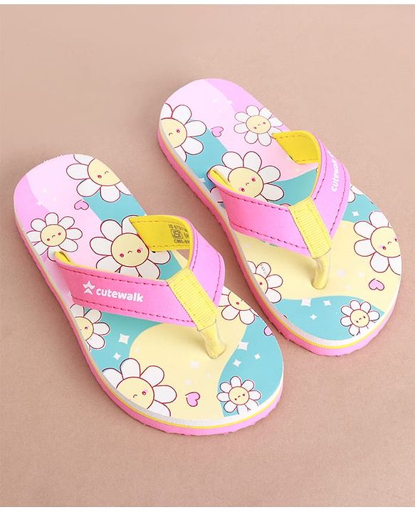 Cute Walk by Babyhug Slip on Flip Flops with Floral Print - Pink