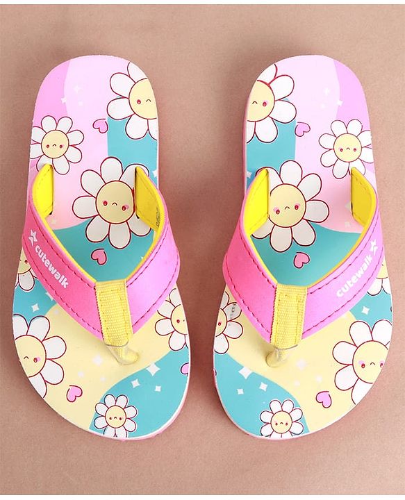 Cute Walk by Babyhug Slip on Flip Flops with Floral Print - Pink