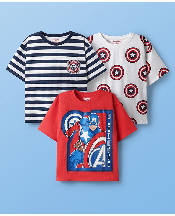 Pine Kids Marvel  Single Jersey Knit Half Sleeve Oversize Drop Shoulder T-Shirts with Avengers Graphics Pack of 3 - Red & White