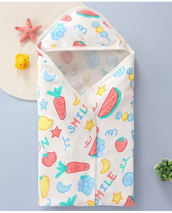 Babyhug Terry Knit Hooded Towel With Vegetable Print L 74 x B 71 cm - White