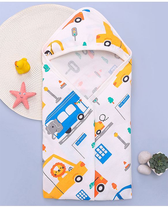 Babyhug Terry Knit Hooded Wrapper With Vehicle Print L 73 x B 73 cm - White