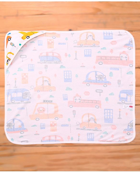 Babyhug Terry Knit Hooded Wrapper With Vehicle Print L 73 x B 73 cm - White