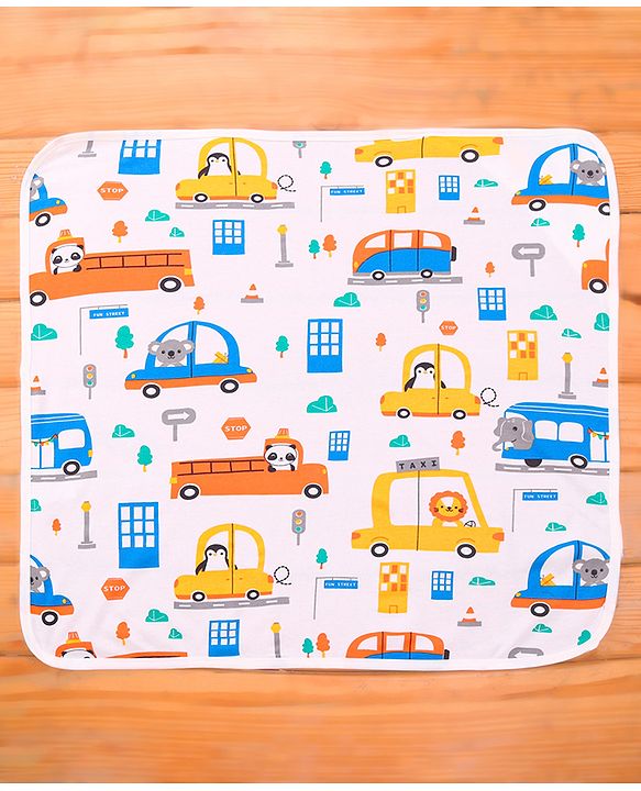 Babyhug Terry Knit Hooded Wrapper With Vehicle Print L 73 x B 73 cm - White