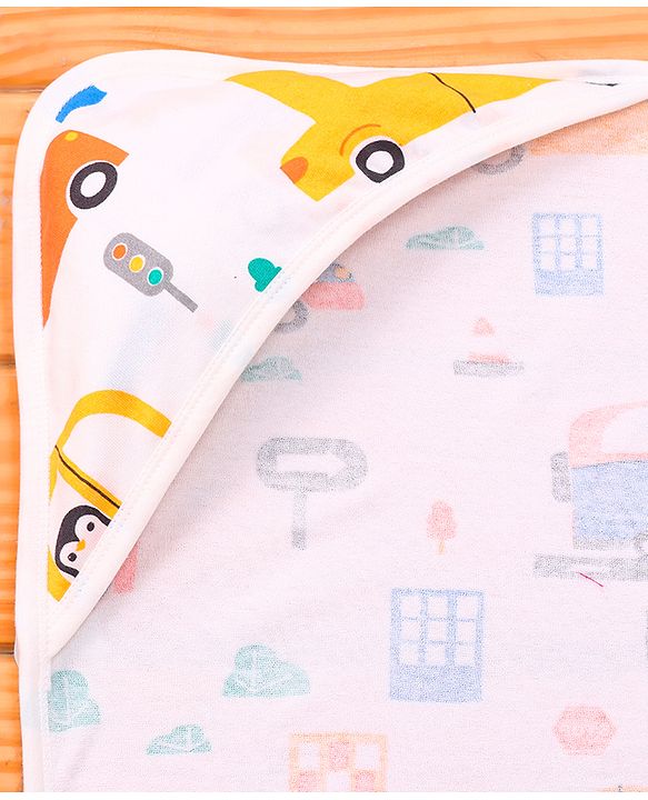 Babyhug Terry Knit Hooded Wrapper With Vehicle Print L 73 x B 73 cm - White