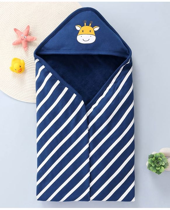 Babyhug Terry Knit Hooded Towel With Striped & Giraffe Print L 72 x B 71 cm - Navy Blue