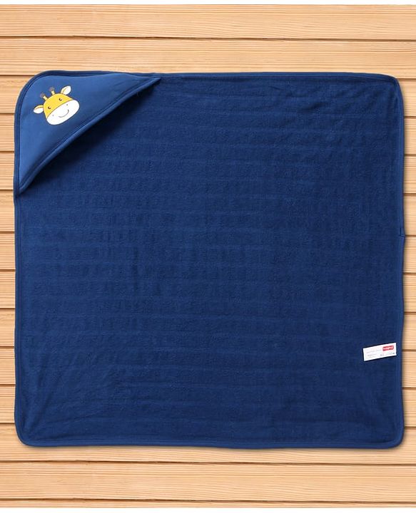Babyhug Terry Knit Hooded Towel With Striped & Giraffe Print L 72 x B 71 cm - Navy Blue