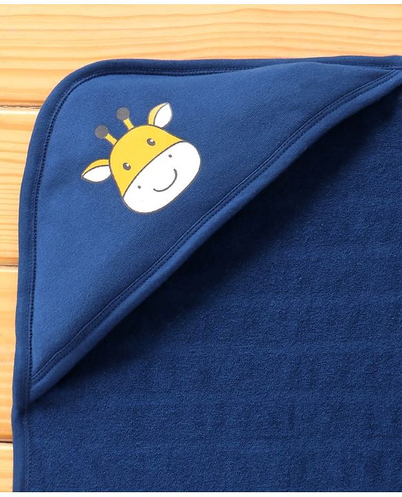 Babyhug Terry Knit Hooded Towel With Striped & Giraffe Print L 72 x B 71 cm - Navy Blue