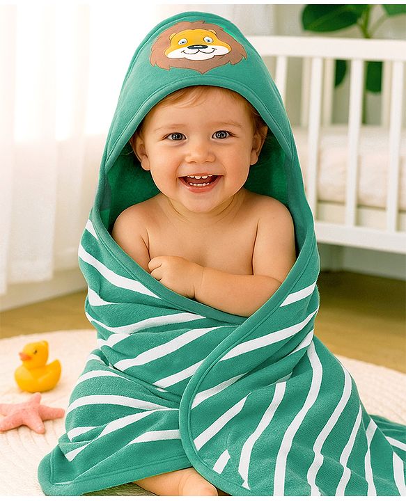Babyhug Terry Knit Hooded Wrapper With Striped & Lion Print L 73 x B 73 cm - Green
