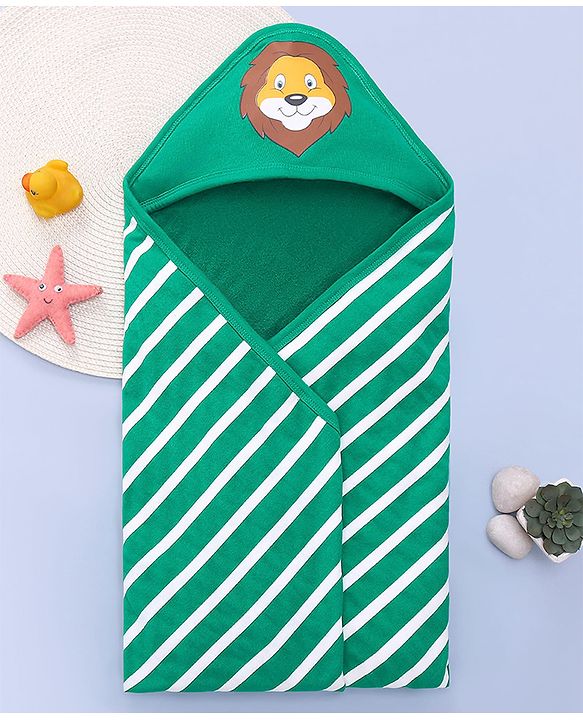 Babyhug Terry Knit Hooded Wrapper With Striped & Lion Print L 73 x B 73 cm - Green