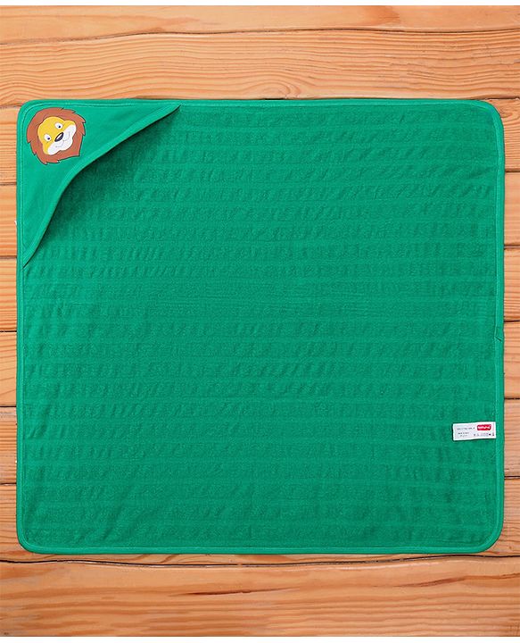 Babyhug Terry Knit Hooded Wrapper With Striped & Lion Print L 73 x B 73 cm - Green