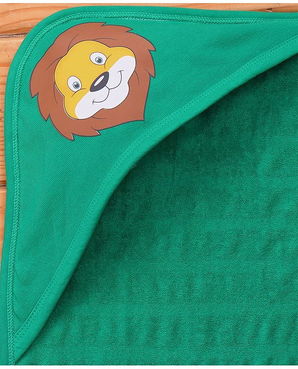 Babyhug Terry Knit Hooded Wrapper With Striped & Lion Print L 73 x B 73 cm - Green