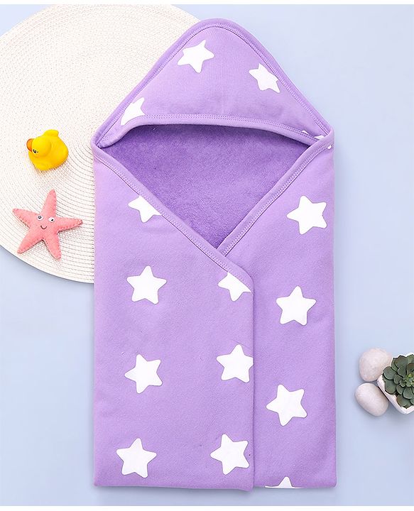 Babyhug Terry Knit Hooded Wrapper With Star Print L 73 x B 73 cm - Lavender