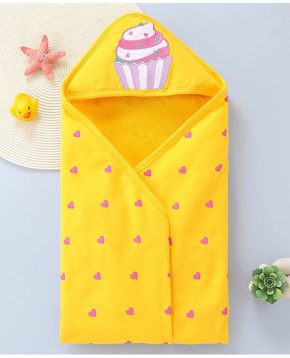 Babyhug Terry Knit Hooded Towel With Ice Cream & Heart Print L 75 x B 71 cm - Yellow