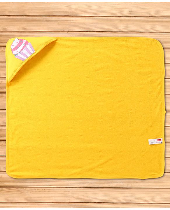 Babyhug Terry Knit Hooded Towel With Ice Cream & Heart Print L 75 x B 71 cm - Yellow
