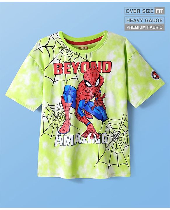 Pine Kids Marvel Terry Knit Half Sleeve Oversized Drop Shoulder T-Shirt With Spider Man Graphics And Tie And Dye & Badge Detailing - Light Green & White