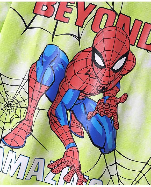 Pine Kids Marvel Terry Knit Half Sleeve Oversized Drop Shoulder T-Shirt With Spider Man Graphics And Tie And Dye & Badge Detailing - Light Green & White