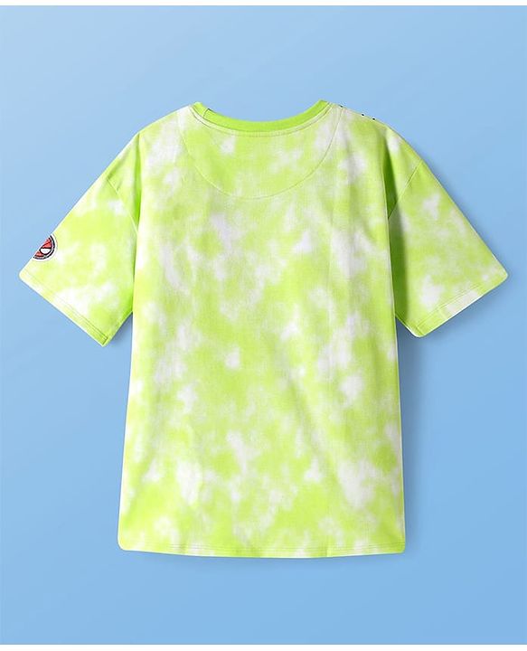 Pine Kids Marvel Terry Knit Half Sleeve Oversized Drop Shoulder T-Shirt With Spider Man Graphics And Tie And Dye & Badge Detailing - Light Green & White